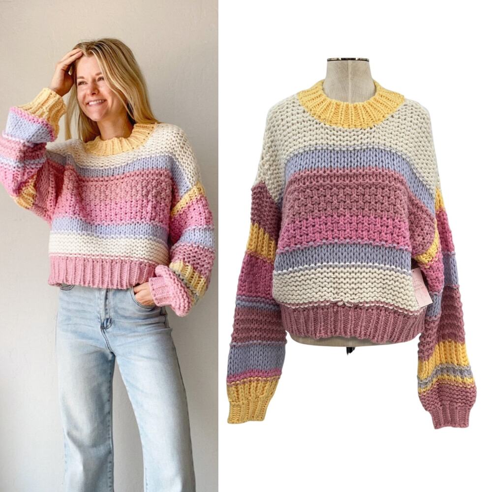 Neutral Ground Callaway Chunky Knit Sweater Pastel Pink Cream Size Medium Large‎